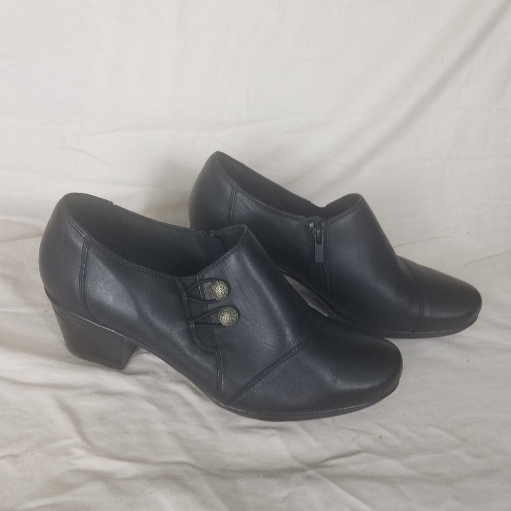 Clarks Collection Booties Womens 9.5 W Black Excellent Leather Block Heel Zip